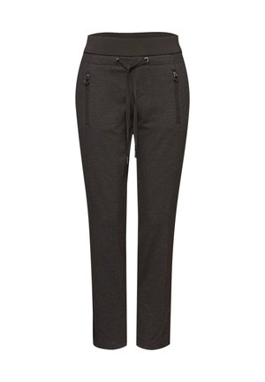 Donkerbruine slim-fit broek met elastische tailleband, koord en ritssluitingen aan de voorzakken, weergegeven op een witte achtergrond.