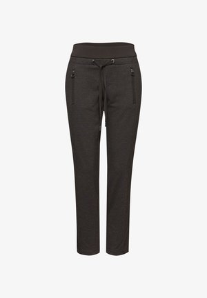 Ciemnobrązowe slim-fit spodnie z elastycznym pasem, sznurkiem i zamykanymi na zamek kieszeniami z przodu, prezentowane na białym tle.