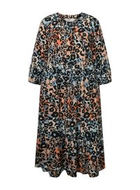 Robe maxi en tissu léger avec un imprimé animalier coloré aux nuances d'orange, de noir et de bleu. Décolleté en V et manches longues bouffantes.