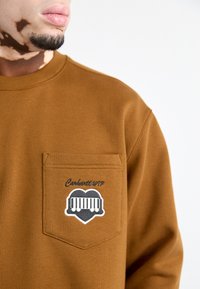 Sudadera marrón con un acabado texturizado, que cuenta con un bolsillo en el lado izquierdo del pecho y un logo en blanco y negro en contraste. Cuello redondo, corte estándar.