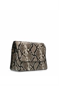 Snakeskin-patterned clutch bag in beige and brown tones with a structured flap closure and a sleek, textured surface.