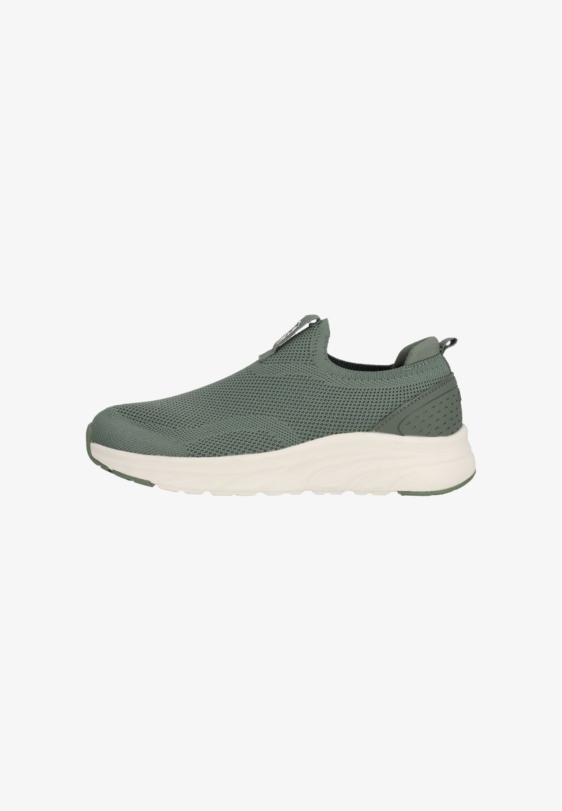 Green mesh slip-on shoe with a textured upper, white midsole, and accent detailing on the heel. Features a pull tab for easy wear.