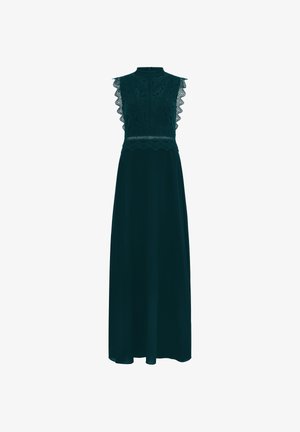 Mouwloze maxi-jurk in donkergroen met kanten lijfje, geschulpte kanten afwerking op de schouders en taille, en een hoge halslijn.