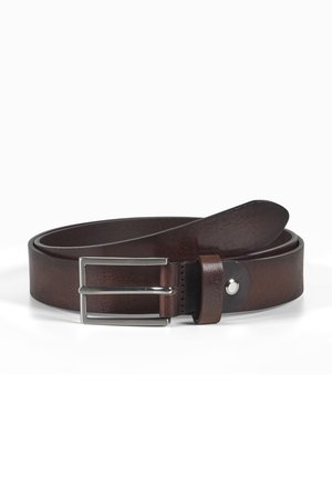 Dark brown leather belt coiled with silver rectangular buckle on a white background.