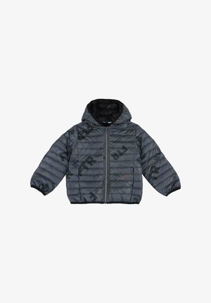 Gepolsterte graue Jacke mit Reißverschluss, Kapuze, elastischen Bündchen, mit geometrischem Muster und Logoakzenten in kontrastierenden Farben.