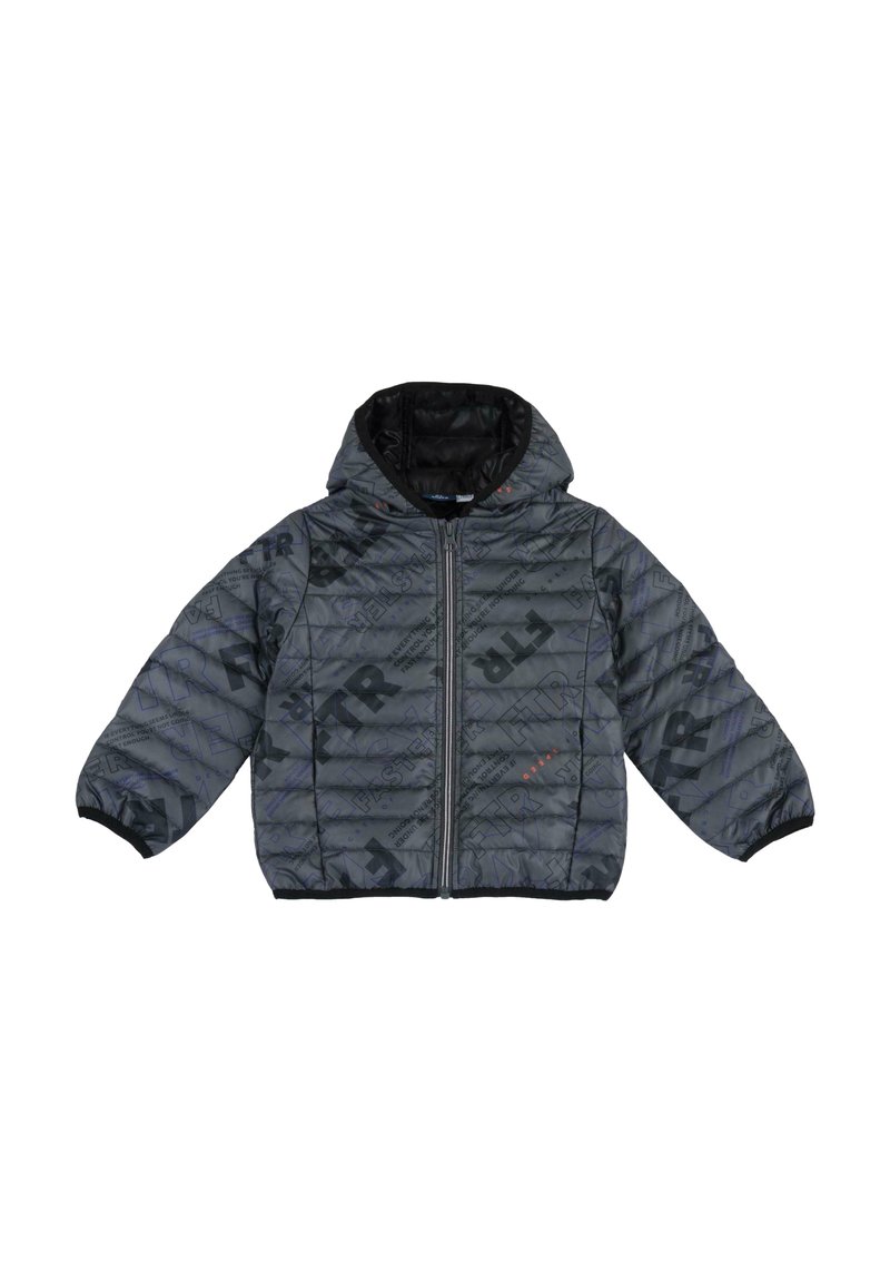 Polstret grå jakke med lynlåslukning, hætte, elastiske manchetter, med et geometrisk mønster og logoaccents i kontrasterende farver.