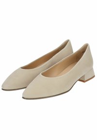 Ballerine in suede beige con punta affusolata e tacco basso a blocco. Texture liscia e design minimal con una silhouette classica.