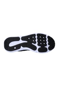 Suola di scarpa atletica in bianco e nero con una superficie di gomma nera testurizzata e distintivi motivi di presa circolari e ovali.