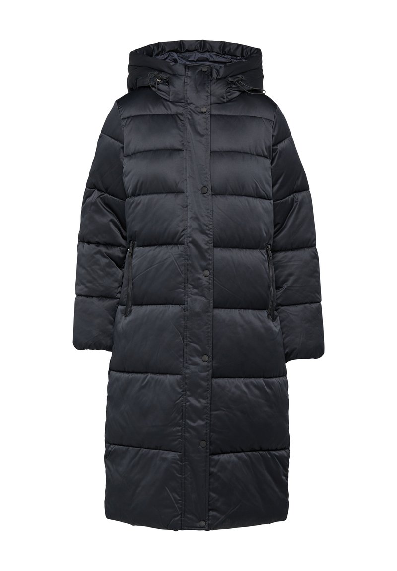 Langer schwarzer Puffer-Mantel mit Kapuze, ausgestattet mit einem gesteppten Design, Druckknöpfen und seitlichen Reißverschlusstaschen. Glatte, matte Oberfläche.