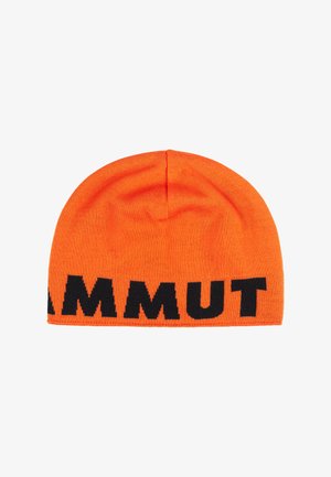Knit beanie in bright orange with a black "AMMUT" logo pattern. Soft texture, rounded shape, and snug-fit design for warmth.