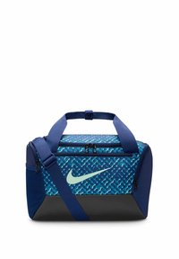 Jūros tamsiai mėlynas krepšys su abstrakčiu raštu, turintis didelį Nike swoosh, dvigubus viršutinius užtrauktukus ir reguliuojamą peties diržą su paminkštinimu.