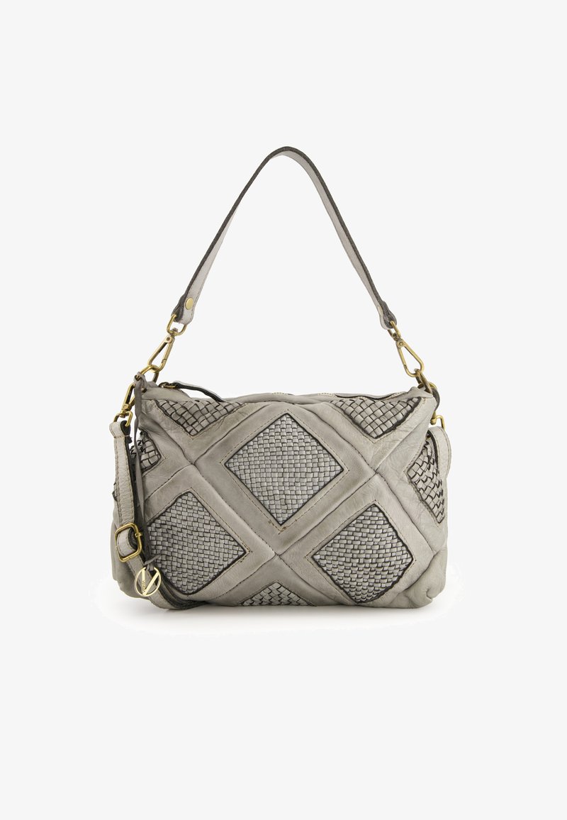 Gray leather handbag with woven diamond pattern, featuring a single shoulder strap and gold-tone hardware accents. Textured finish.