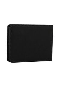 Portefeuille en cuir noir avec une texture lisse, de forme rectangulaire et des coutures contrastées le long des bords. Aucun motif ni matériel visible.