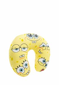 Cuscino per il collo a forma di 'C', rivestito in morbido tessuto giallo, caratterizzato da molteplici facce del cartone animato SpongeBob SquarePants e dettagli colorati.