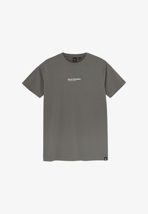 Grijze katoenen t-shirt met een ronde hals en korte mouwen. Voorzien van witte tekst "RELIX THE ORIGINAL ARCHIVE MISSION" op de voorkant.