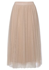 Lys beige plisseret midi-skjørt lavet af tyl med en ensfarvet talje og lagdelt gennemsigtigt stof.