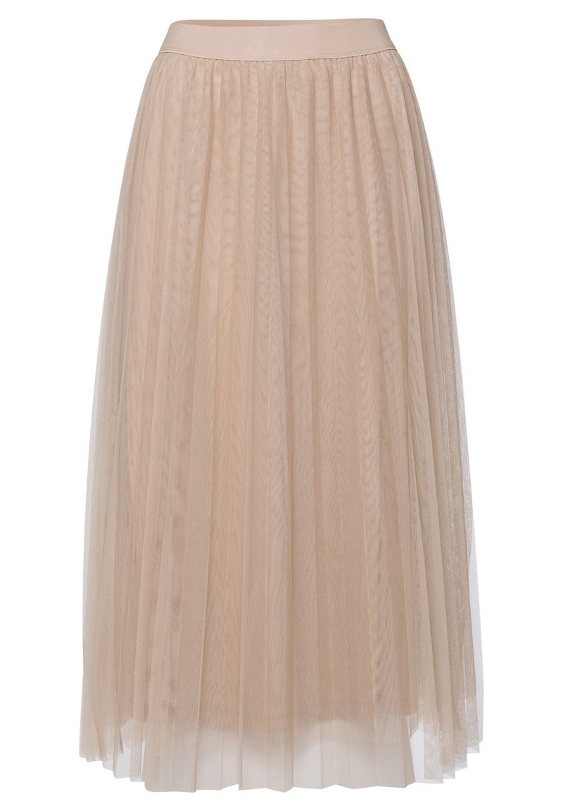 Lys beige plisseret midi-skjørt lavet af tyl med en ensfarvet talje og lagdelt gennemsigtigt stof.