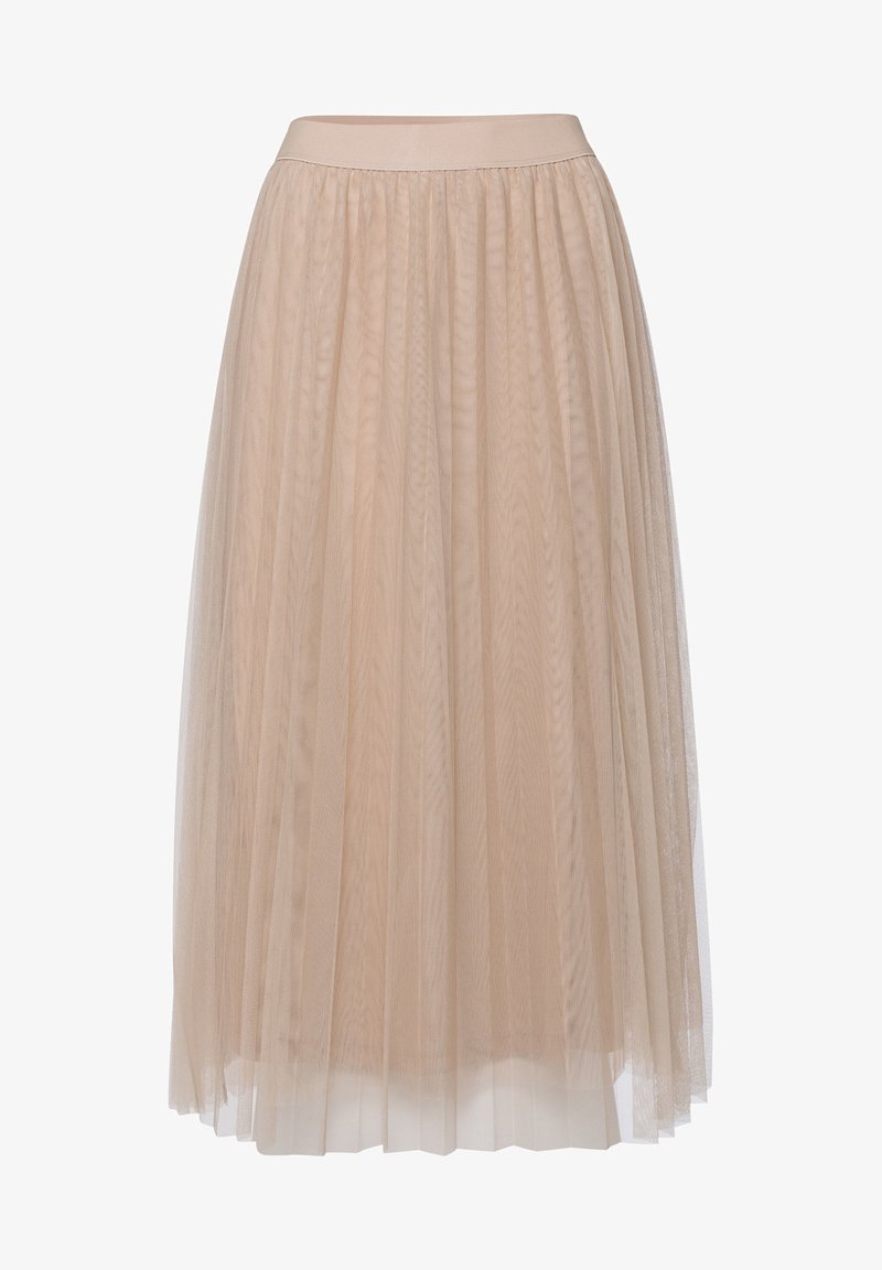 Lys beige plisseret midi-skjørt lavet af tyl med en ensfarvet talje og lagdelt gennemsigtigt stof.