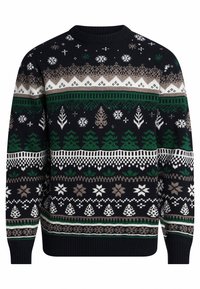 Marineblauer Pullover mit grünen, weißen und braunen Weihnachtsmustern, die Bäume, Schneeflocken und geometrische Designs über den Körper und die Ärmel zeigen.