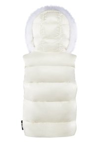 Biała kamizelka puchowa z kapturem, z puszystym białym futerkiem na wykończeniu, pikowanym wzorem i gładkim, błyszczącym wykończeniem. Zawiera małą metkę marki.