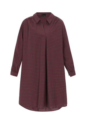 Robe chemise à manches longues à carreaux rouges et bleus avec col, coupe décontractée, patte de boutonnage à l'avant et poignets boutonnés, en tissu doux.