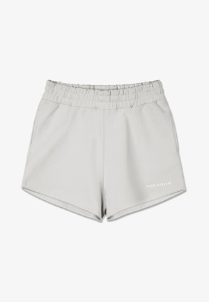 Světlé šedé sportovní šortky s elastickým pasem, hladkým povrchem, bočními kapsami a logem "PEGA DOR" na dolní části přední strany.