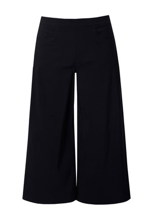 Mustat leveälahkeiset lyhyet housut, joissa on joustava vyötärö ja etutaskut, suunniteltu rennolle tai toimistokäytölle.