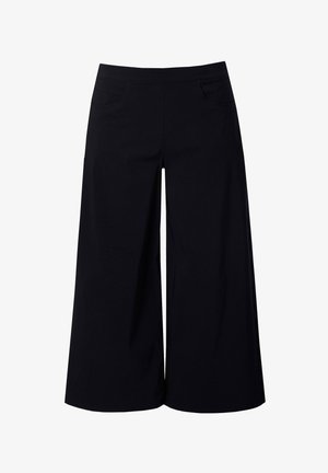 Pantalon noir large et court avec une taille élastique et des poches avant, conçu pour une tenue décontractée ou de bureau.
