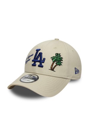 Beige adjustable cap with blue "LA" logo, green and brown palm tree embroidery, and small text on front left side.