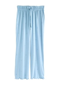 Lyseblå løstsiddende pyjamasbukser med elastik i taljen, snøre, diskret stjerneprint og bølgede kanter på en hvid baggrund.