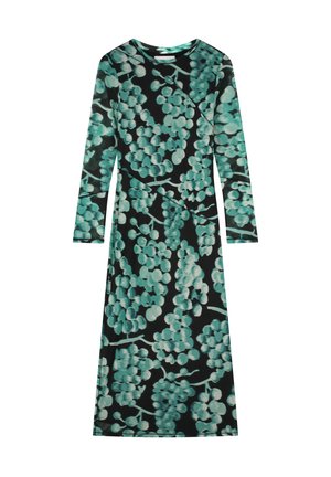 Jurk met lange mouwen en een ronde halslijn, voorzien van een turquoise druivenpatroon op een zwarte achtergrond, gemaakt van gladde stof.