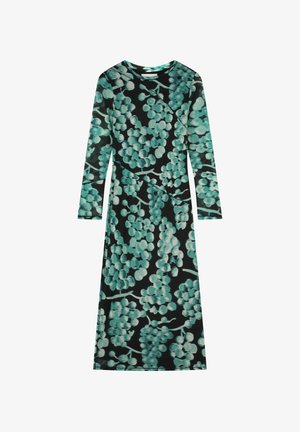 Jurk met lange mouwen en een ronde halslijn, voorzien van een turquoise druivenpatroon op een zwarte achtergrond, gemaakt van gladde stof.