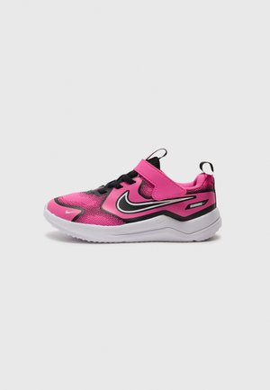 Pink and black athletic shoe with mesh upper, white sole, adjustable strap, and distinctive black Nike swoosh. Designed for comfort and support.