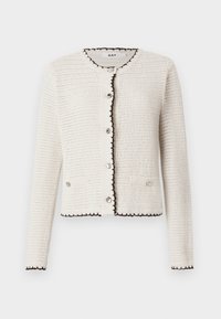 Cardigan bianco texturizzato con bordo nero, dotato di scollatura rotonda, chiusura frontale con bottoni e due piccole tasche. Bottoni in tonalità argento accentuano il design.