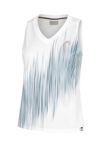 Witte sporttop zonder mouwen met een V-hals, voorzien van een blauw verloop golfpatroon. Gemaakt van ademende stof met een subtiele textuur.