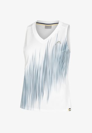 Witte sporttop zonder mouwen met een V-hals, voorzien van een blauw verloop golfpatroon. Gemaakt van ademende stof met een subtiele textuur.