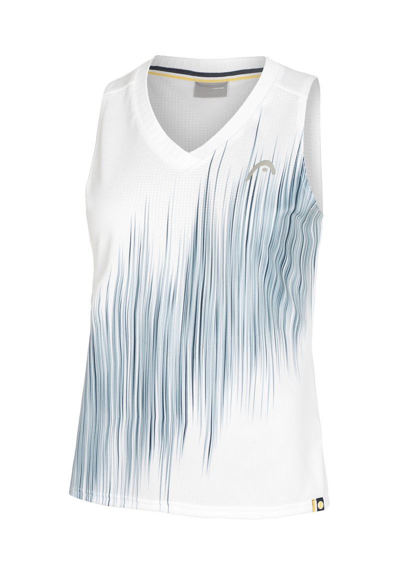 Witte sporttop zonder mouwen met een V-hals, voorzien van een blauw verloop golfpatroon. Gemaakt van ademende stof met een subtiele textuur.