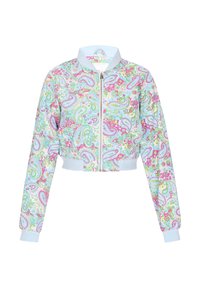 Geacă bomber scurtă de culoare albastră pastel cu un model vibrant paisley în roz, verde și alb. Dispune de manșete ribbate și închidere cu fermoar.