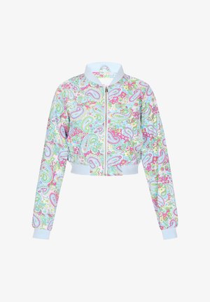Zkrácená bomber bunda v pastelově modré barvě s živým paisley vzorem v růžové, zelené a bílé. Obsahuje žebrované manžety a zapínání na zip.