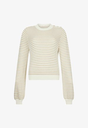 Maglione crema con strisce beige orizzontali, polsini e orlo a costine, scollatura rotonda e dettagli in bottoni sulla spalla. Tessuto testurizzato.