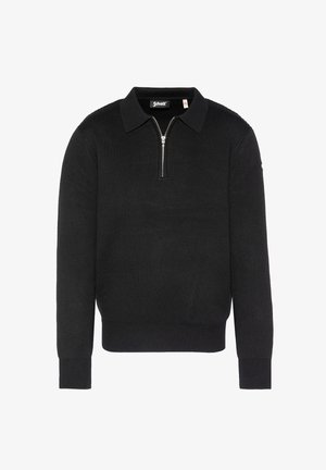 Pull noir à manches longues en maille avec col et courte fermeture éclair à l'avant, poignets et ourlet côtelés, étiquette de la marque visible au niveau du cou.