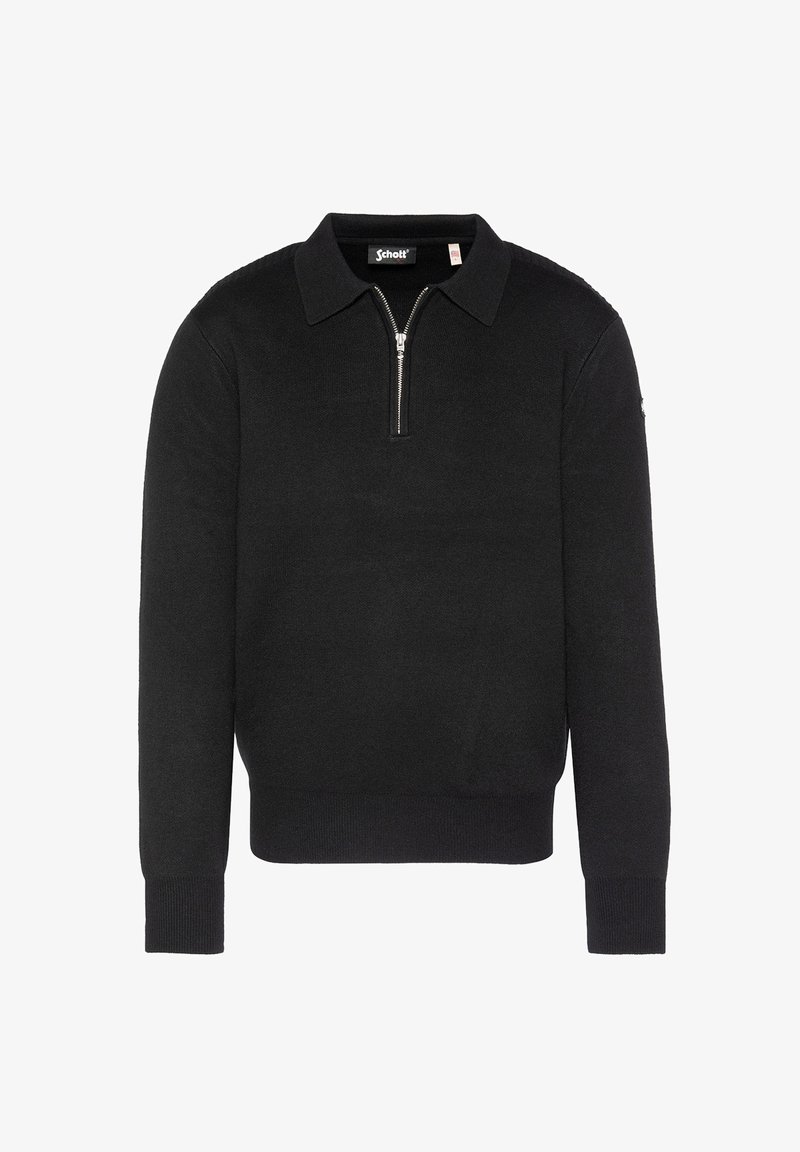 Pull noir à manches longues en maille avec col et courte fermeture éclair à l'avant, poignets et ourlet côtelés, étiquette de la marque visible au niveau du cou.