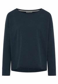 Dark navy long-sleeve top with a round neckline, relaxed fit, and ribbed texture at the collar and cuffs. Hem is slightly curved.