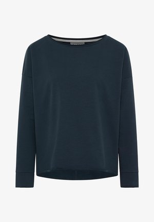 Dark navy long-sleeve top with a round neckline, relaxed fit, and ribbed texture at the collar and cuffs. Hem is slightly curved.