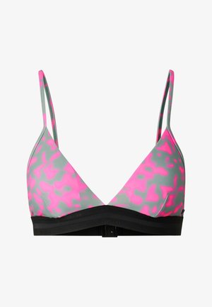 Haut de bikini triangle gris et rose avec fines bretelles réglables et large bande élastique noire en bas.