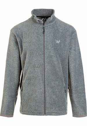 Grå fleecetröja med hög krage, dragkedja fram, sidofickor och en subtil logotyp på bröstet. Mjuk textur och avslappnad design.