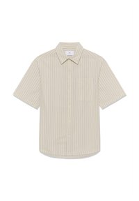 Chemise pour hommes à manches courtes avec des rayures verticales beige et violet clair et une poche poitrine unique.
