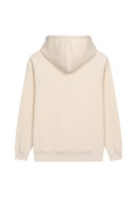 Sudadera con capucha color crema de textura suave, con capucha ajustable y puños acanalados, mostrando la vista trasera.