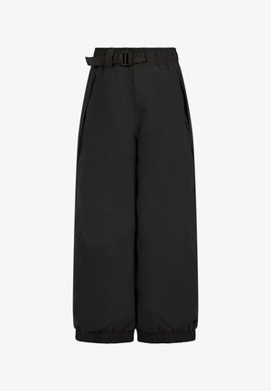 Juodi plačiąsias kelnes iš lengvos, lygaus audinio. Yra diržas su sagtimi, šoninės kišenės ir elastiniai rankogaliai.