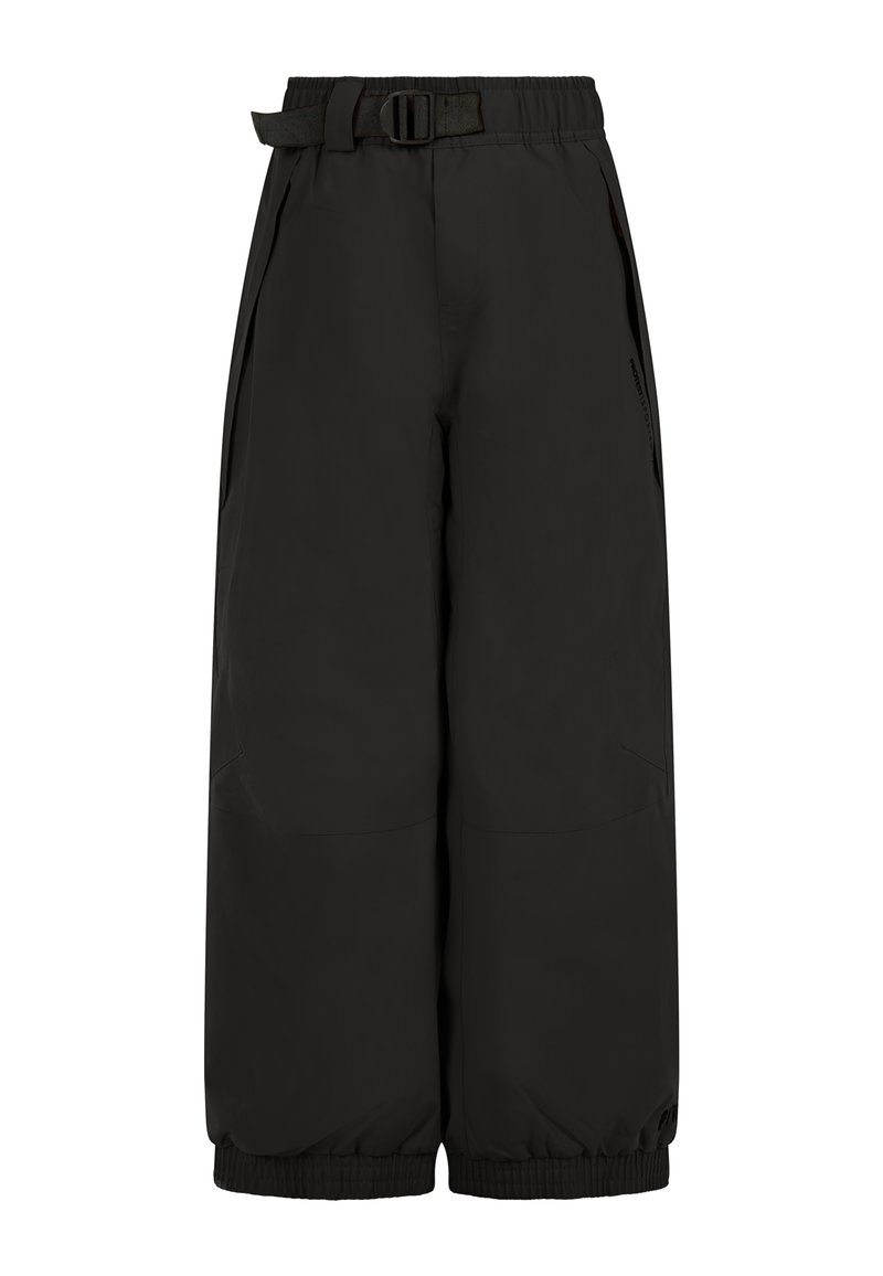 Zwarte wijde broek van lichtgewicht, soepel materiaal. Voorzien van een ceintuur met een gesp, zijzakken en elastische boorden.